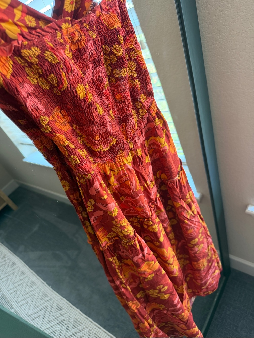 ZESICA Boho Floral Criss Cross Back Tiered Midi Dress - Sunset Orange & Pink - Picture 2 of 5